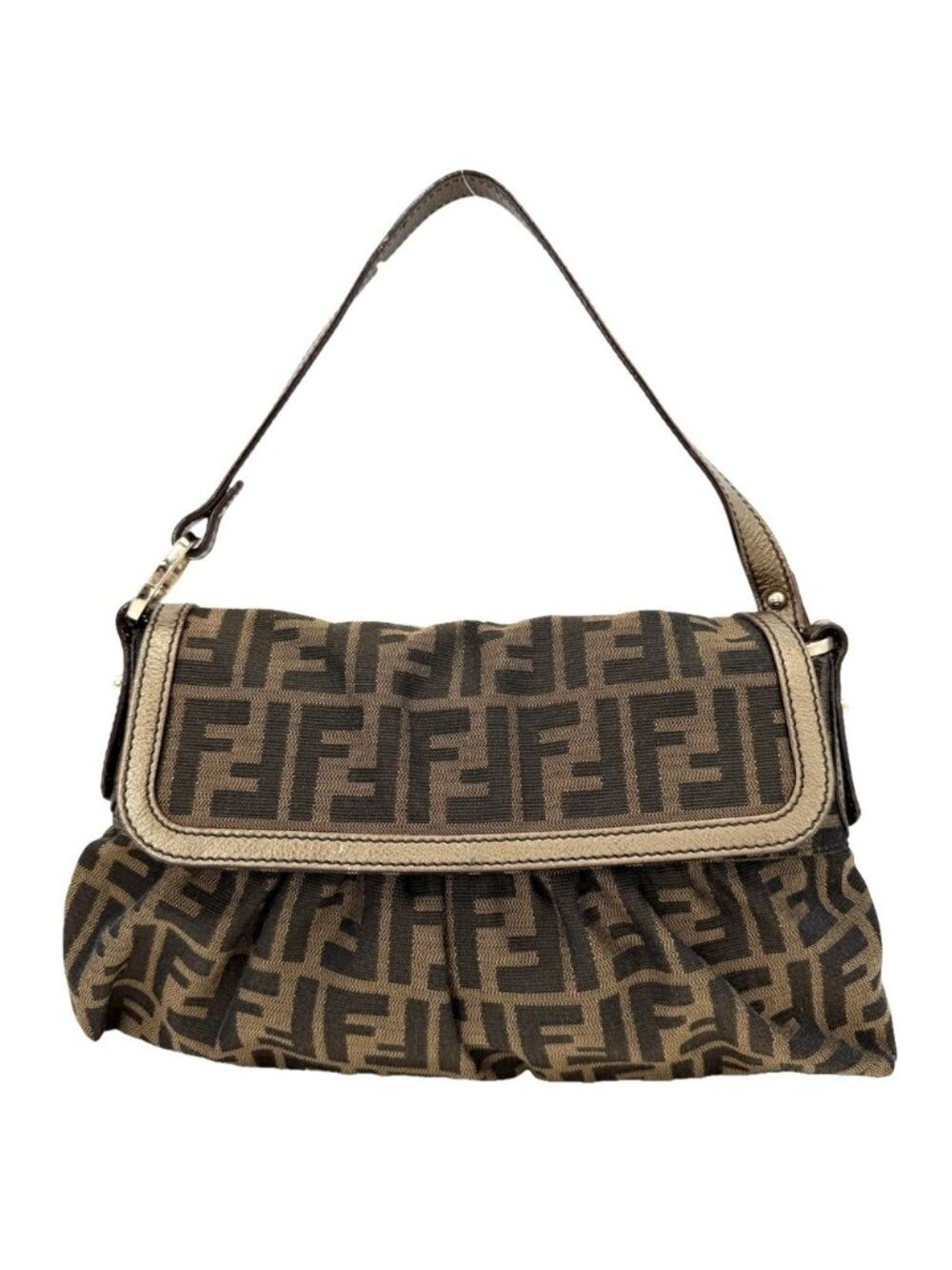 Fendi Handbag Zucca Canvas Leather Brown Gold
